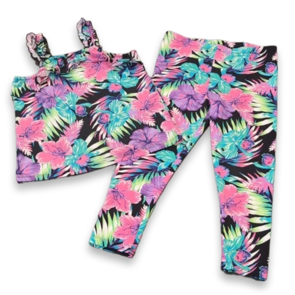 ❌SOLD❌ Tropical Print 2Pc Set Ruffled Tank Top Leggings Pant Floral - Picture 1 of 8